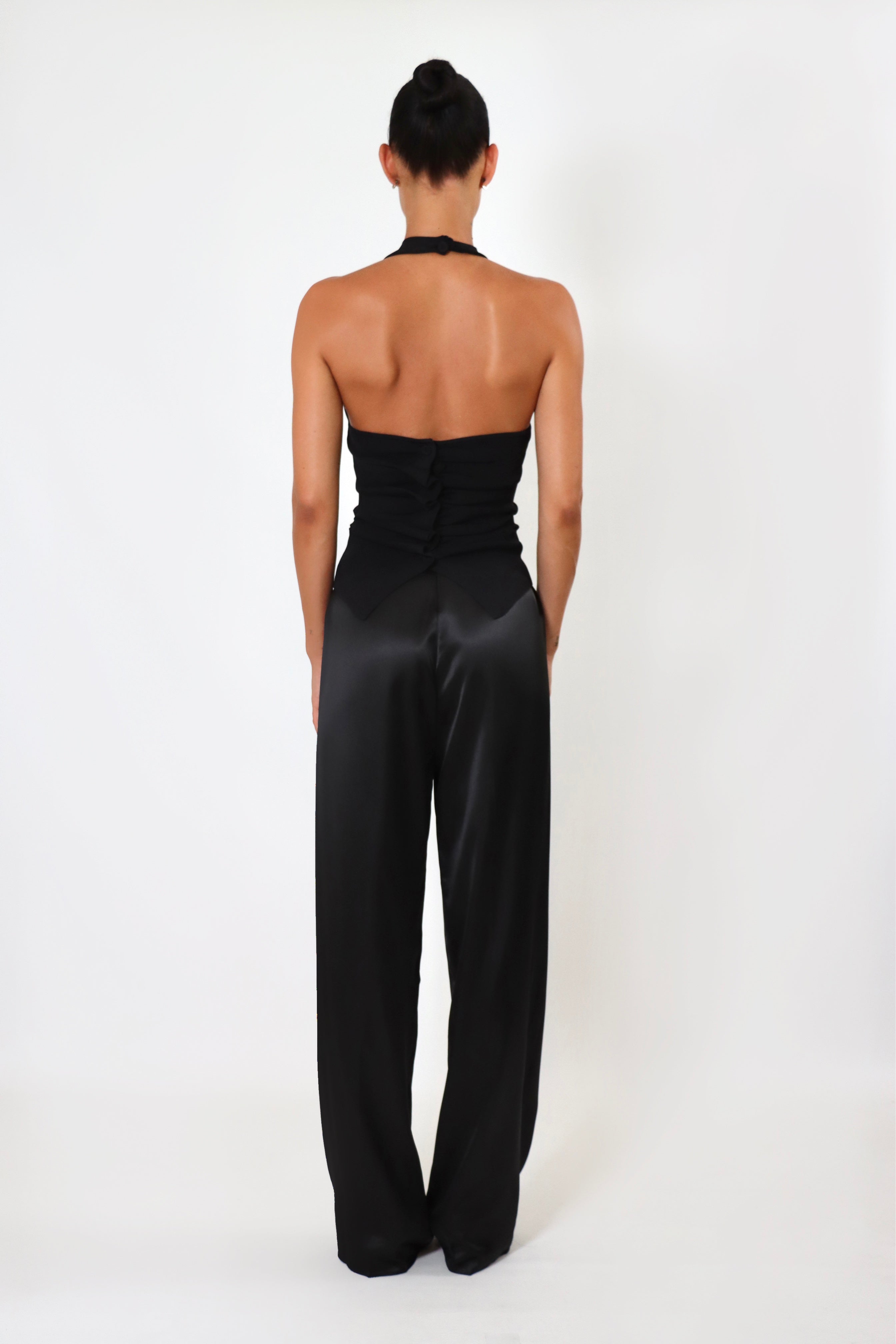 April Satin Pant Tall in black – mid-rise satin pant with extended length and elastic waistband.