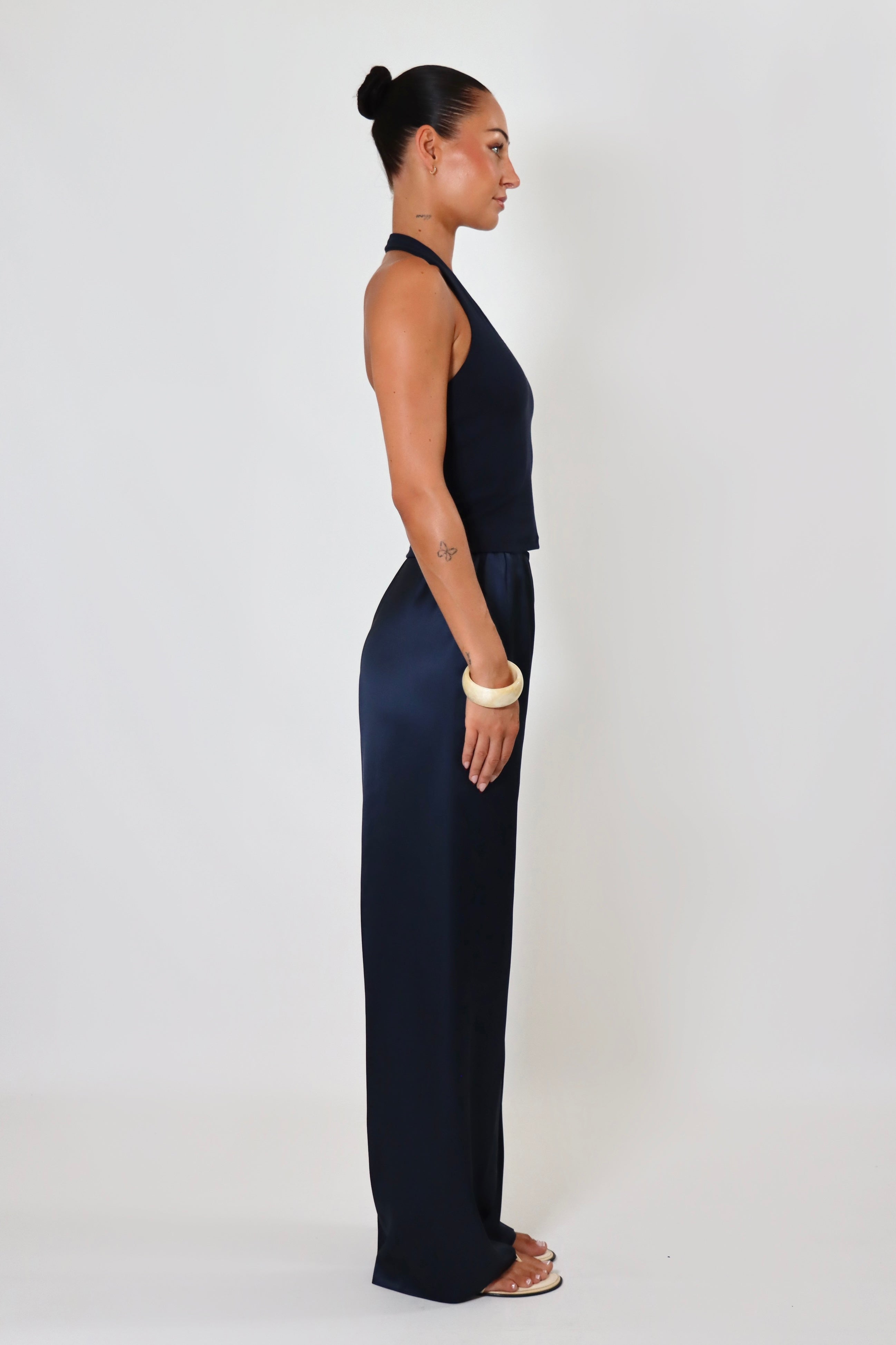 April Satin Pant Tall in navy – mid-rise satin trousers with long inseam and elegant finish