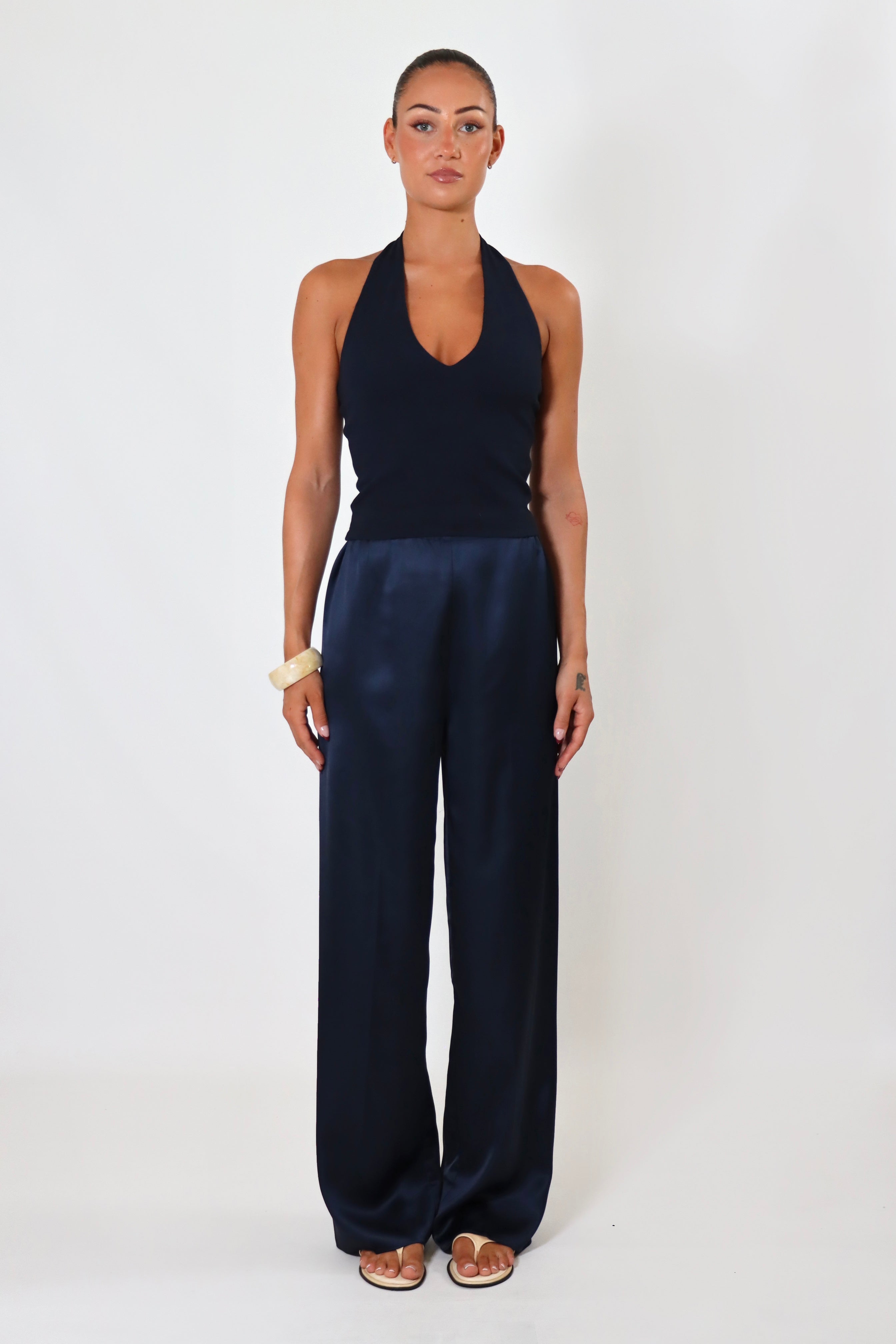 April Satin Pant Tall in navy – mid-rise satin trousers with long inseam and elegant finish