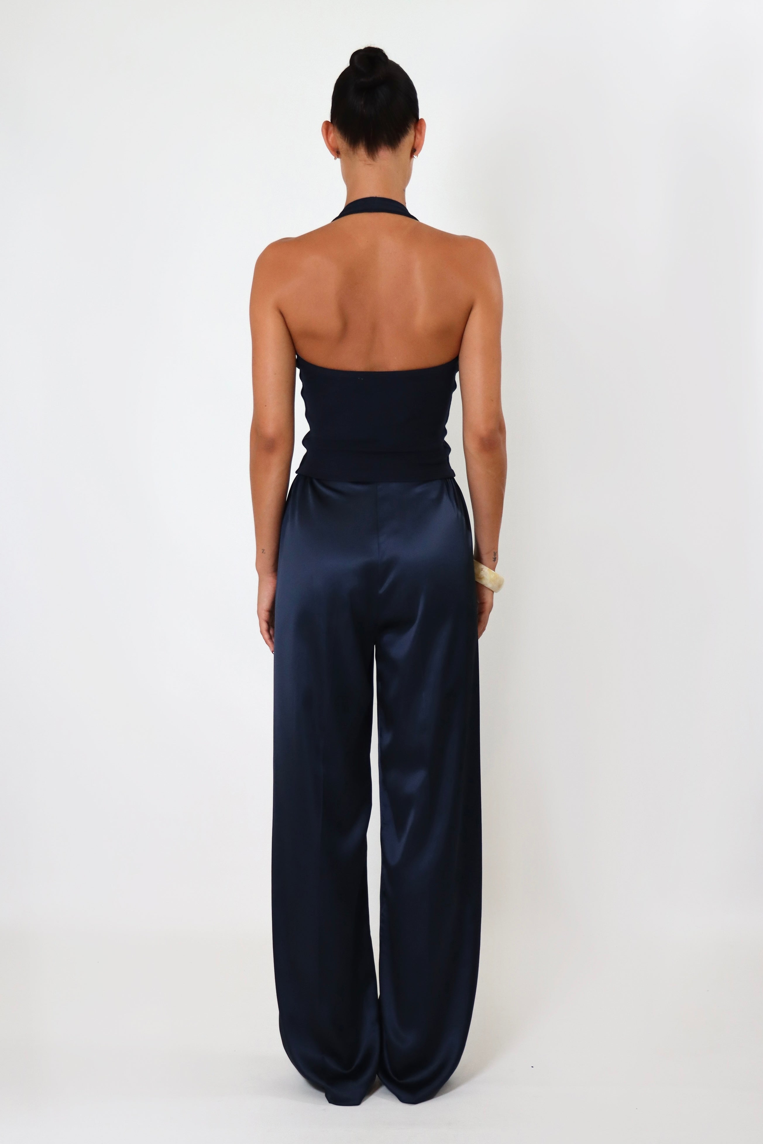April Satin Pant Tall in navy – mid-rise satin trousers with long inseam and elegant finish