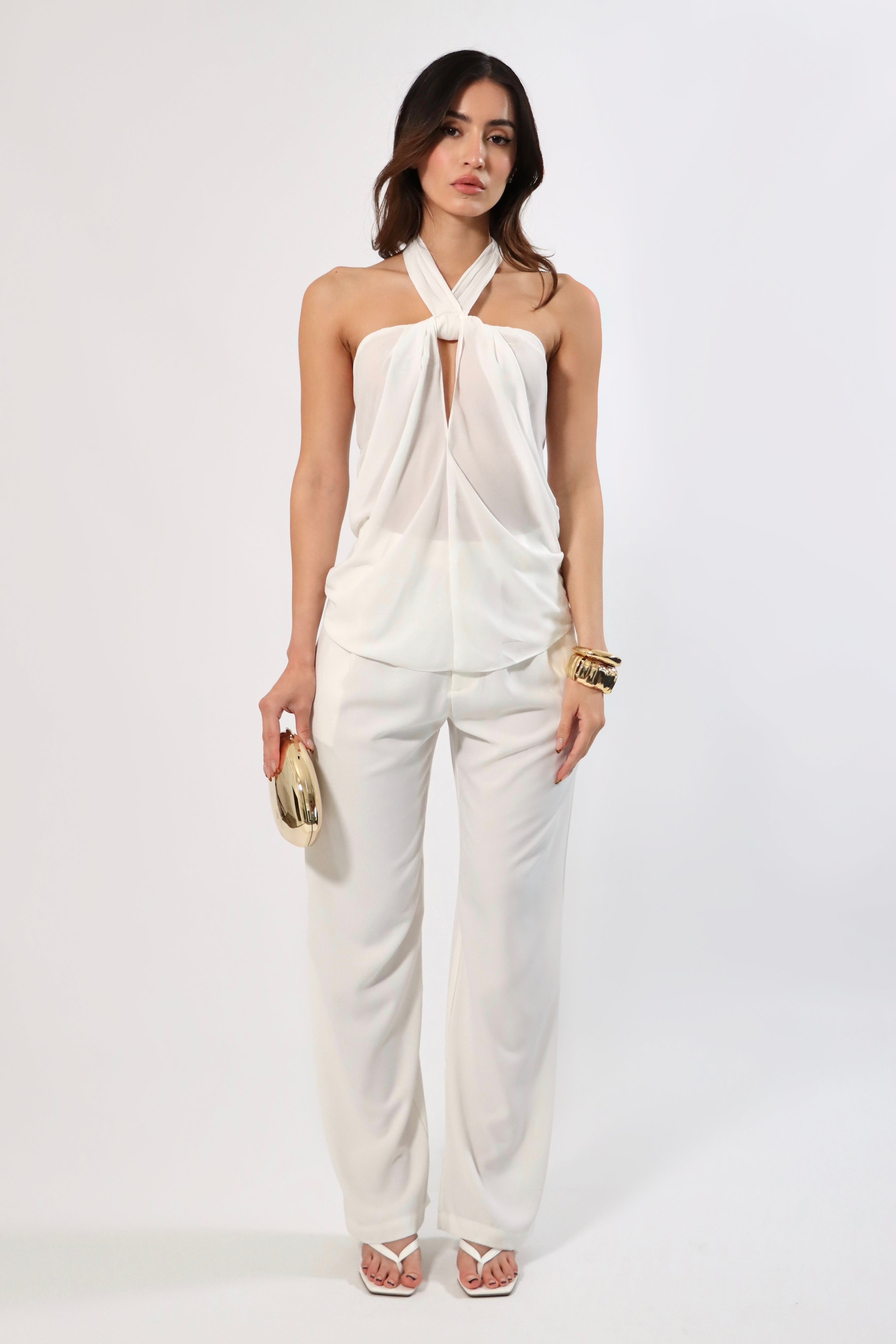 April Seven Olivia Top: Women's white chiffon halter top with keyhole detail, paired with matching pants.
