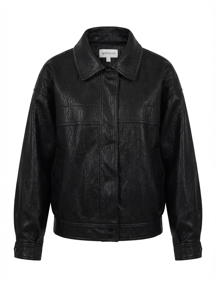 A black leather jacket with a pointed collar, button-front closure, and long sleeves, shown against a plain white background.