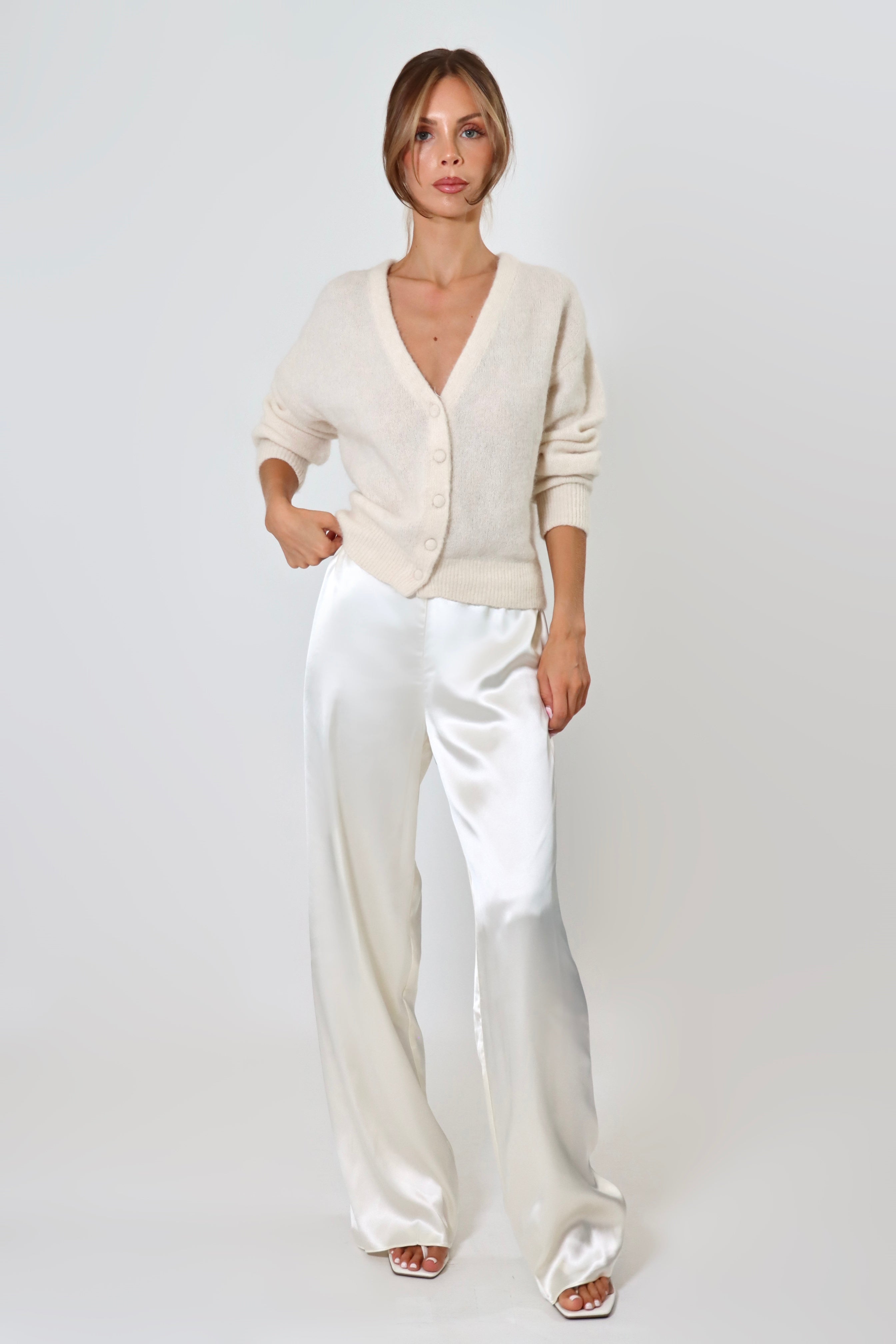 Ivory satin pants with flowy drape and wide leg – April Seven