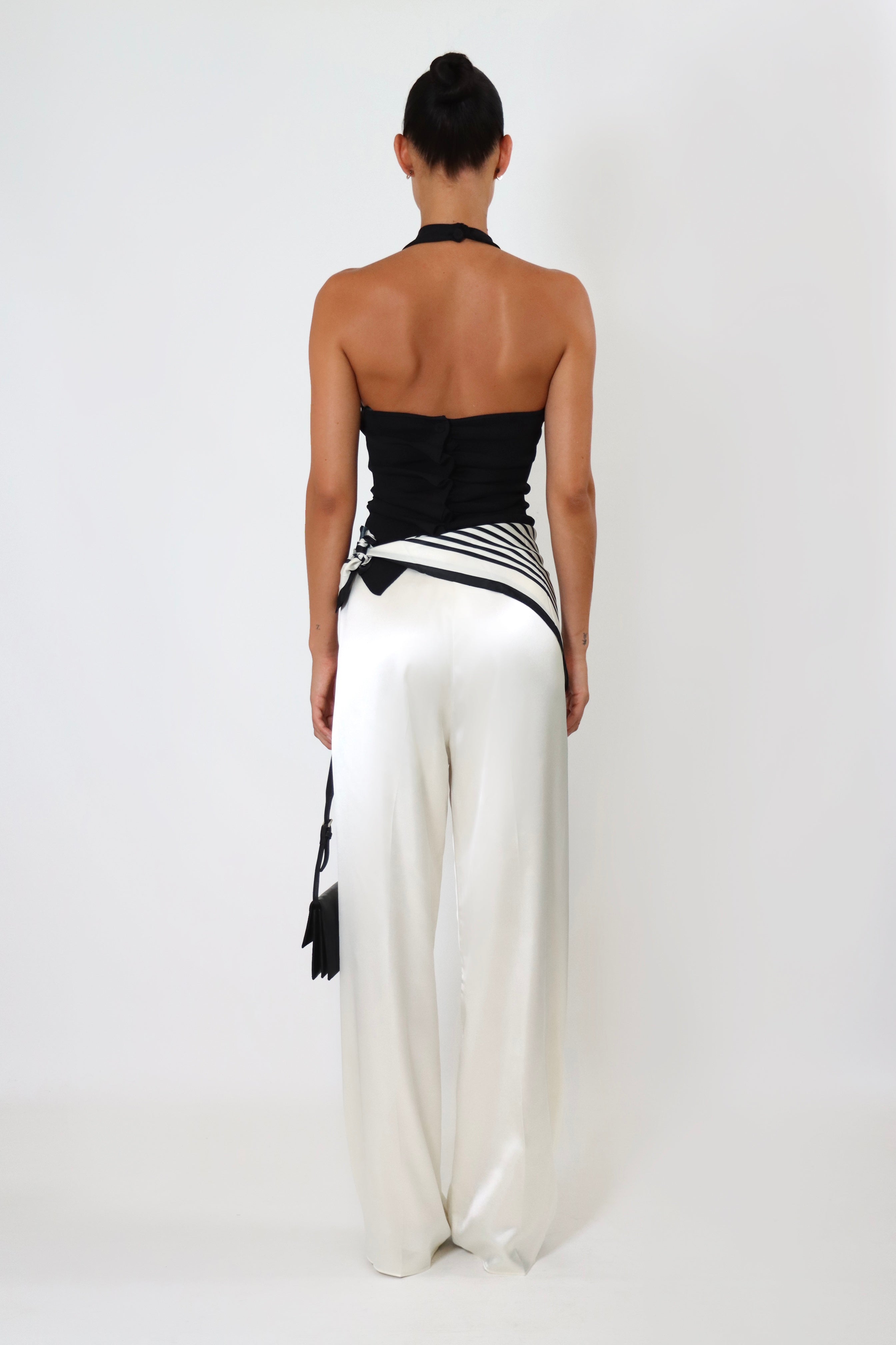 April Satin Pant Tall in white – mid-rise fit with long inseam and soft drape.