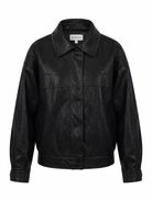 A black leather jacket with a pointed collar, button-front closure, and long sleeves, shown against a plain white background.