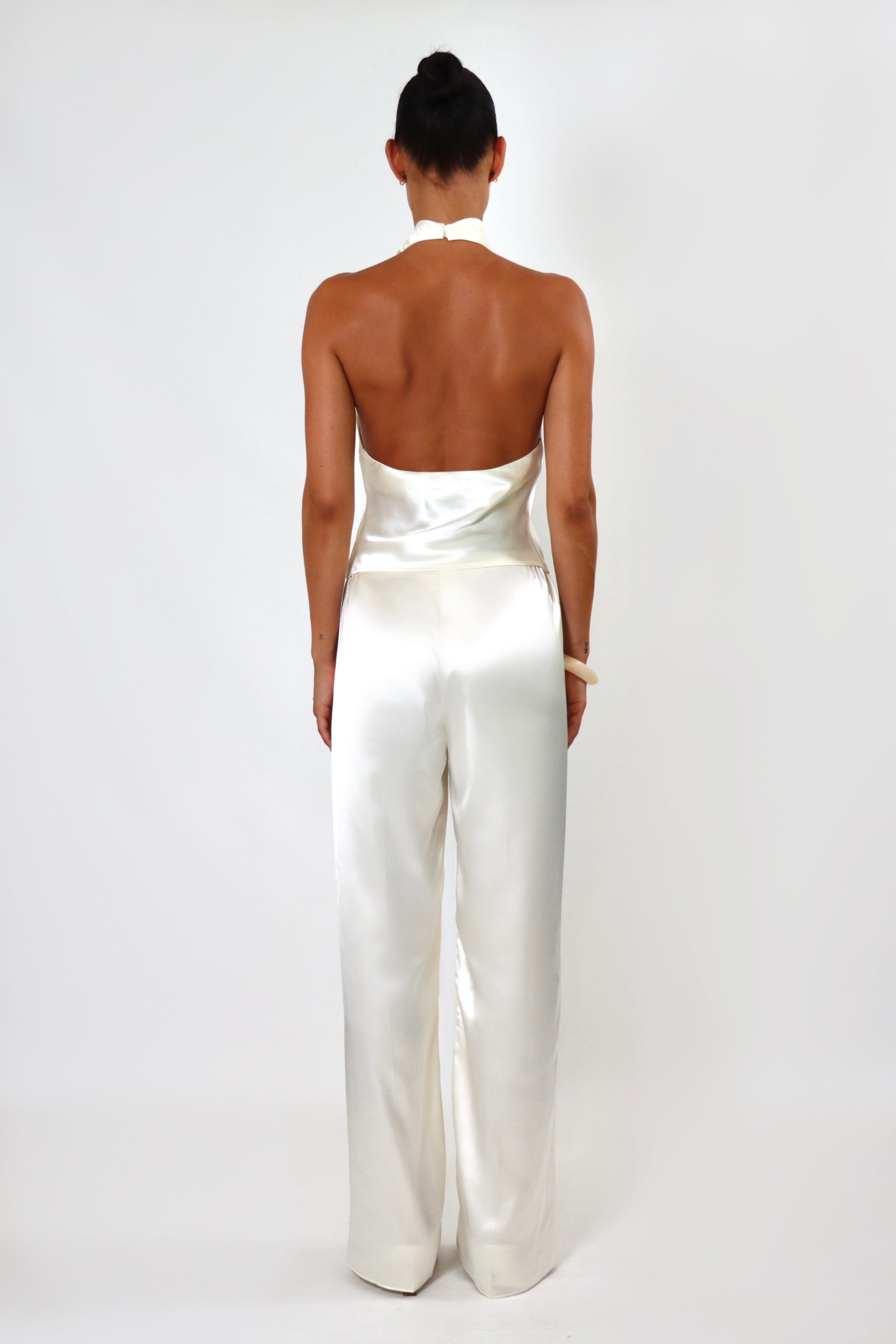 April Seven April Satin Top – sleeveless backless satin blouse with draped cowl neckline in soft satin