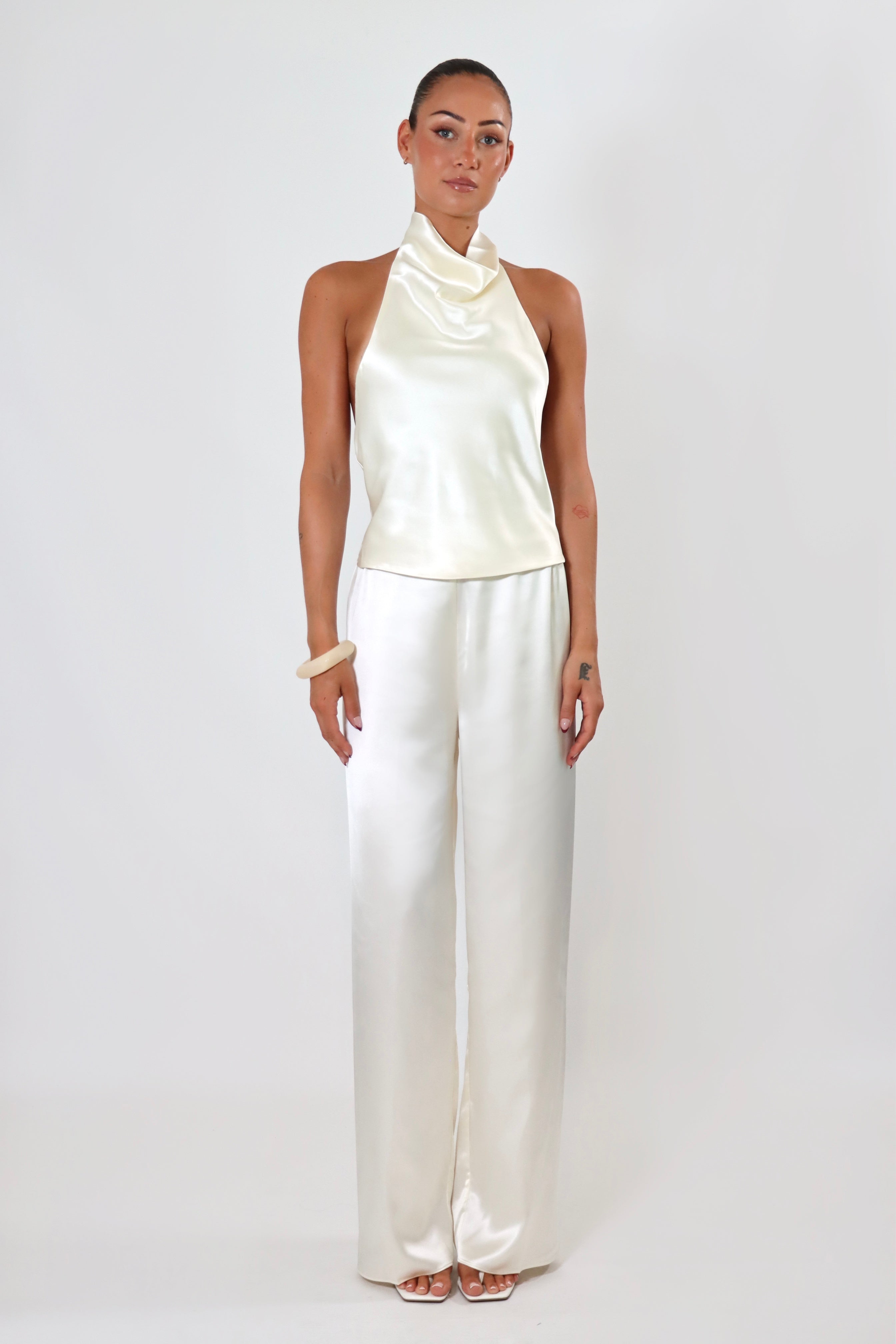 April Seven April Satin Top – sleeveless backless satin blouse with draped cowl neckline in soft satin