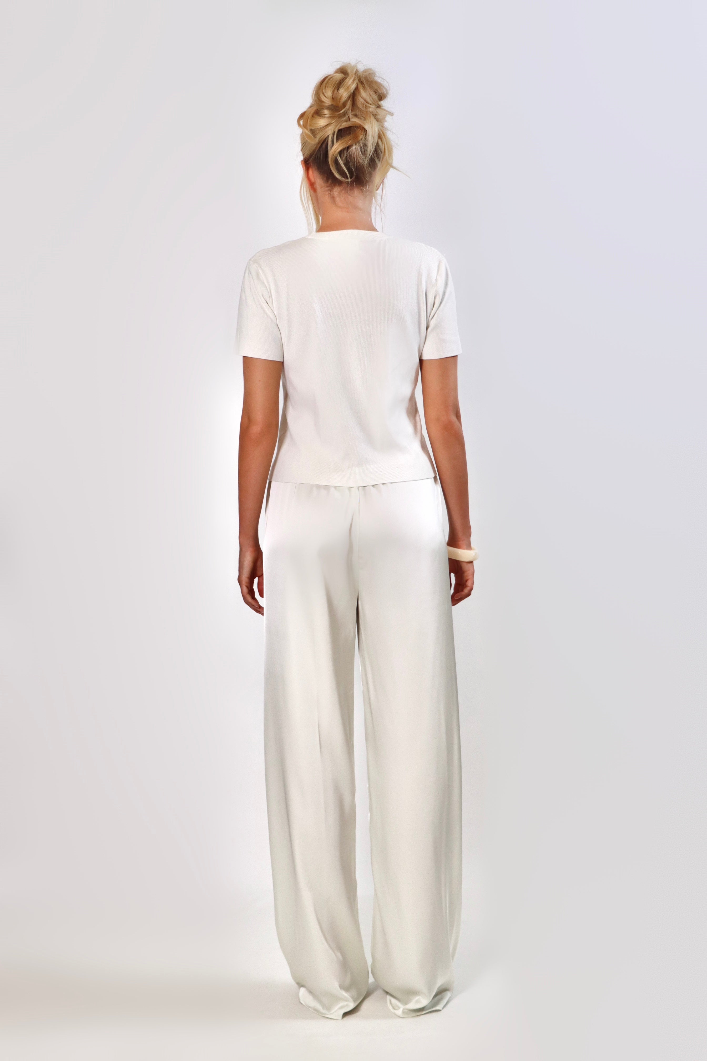 white satin pants with flowy drape and wide leg – April Seven