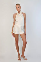 April Seven April Satin Top – sleeveless backless satin blouse with draped cowl neckline in soft satin
