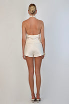 April Seven April Satin Top – sleeveless backless satin blouse with draped cowl neckline in soft satin